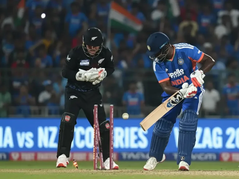 Sanju Samson walking back to the pavilion after being bowled in Vizag T20 vs New Zealand 2026