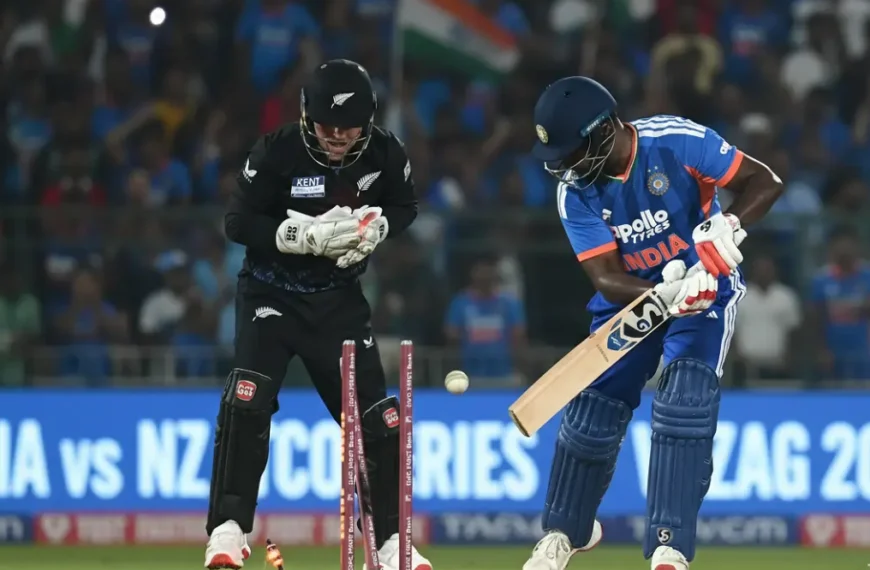 Sanju Samson walking back to the pavilion after being bowled in Vizag T20 vs New Zealand 2026