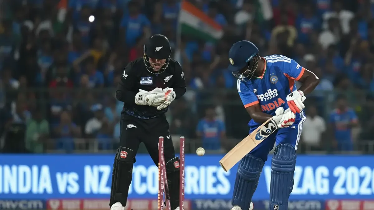 Sanju Samson walking back to the pavilion after being bowled in Vizag T20 vs New Zealand 2026